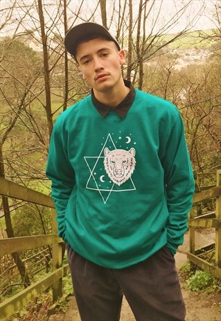 CREW NECK TEAL SWEATSHIRT VELVET OUTSIDER BEAR GRAPHIC PRINT