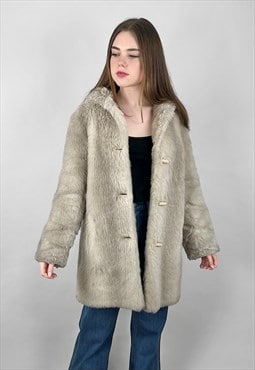 70's Astraka Hooded Faux Fur Brown Cream Long Sleeve Coat