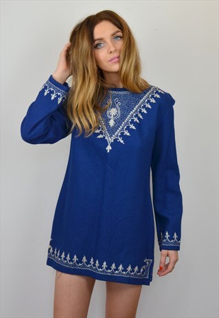 VINTAGE 70S BLUE & SILVER EMBROIDERED TUNIC WOOL DRESS