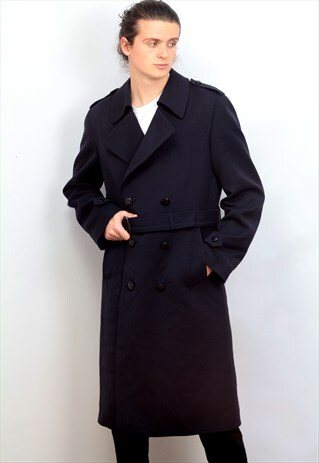 1980'S VINTAGE NAVY WOOL 3/4 LONG LENGTH TRENCH COAT