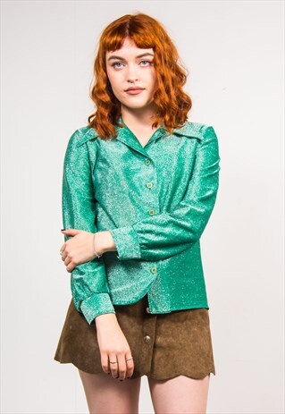 VINTAGE 70'S GREEN GLITTER OPEN COLLAR SHIRT