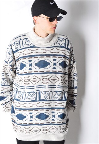 VINTAGE 90S CREAM WHITE AZTEC WOOL MIX TURTLE NECK JUMPER