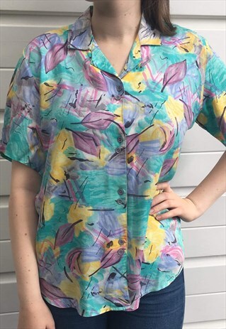 WOMENS VINTAGE 80S BLOUSE BLUE FLORAL ABSTRACT PATTERN SHIRT