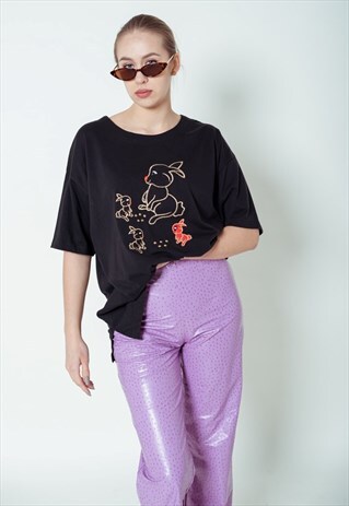 VINTAGE 80S BOXY FIT BUNNY EMBROIDERY T-SHIRT IN BLACK M/L