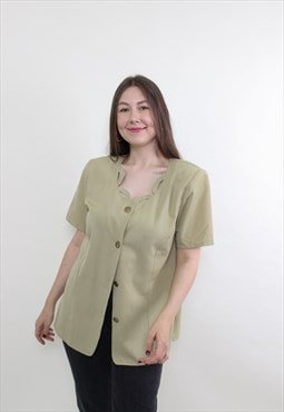 80s green formal blouse, vintage short sleeve shoulder pads 