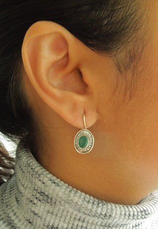 STERLING SILVER AND EMERALD GREEN ANTIQUE LOOK EARRINGS
