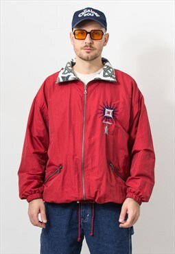 Vintage windbreaker red jacket fleece collar oversized
