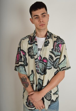 VINTAGE SILK SHIRT FESTIVAL PRINT SIZE S (2773)