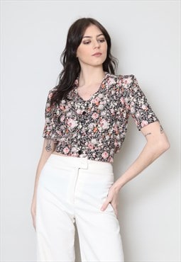 70's Betty Barclay Vintage Floral Dagger Collar Crop Blouse