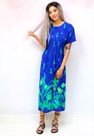 1980S VINTAGE BLUE AND GREEN MIDI DRESS