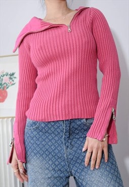 vintage pink asymetrical zip up turtleneck jumper