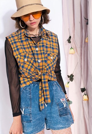 VINTAGE TIE-FRONT SHIRT 90S CHECKED ORANGE COTTON CROP TOP