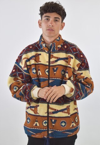 VINTAGE 90S BROWN PATTERNED ZIP UP FLEECE JACKET
