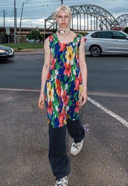 90's Vintage summer floral sundress in navy/ multicolor