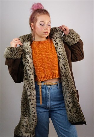 VINTAGE 80'S BROWN SUEDE / FAUX FUR SHERPA COAT WITH HOOD