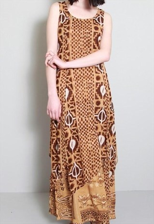 VINTAGE 1970'S BROWN PATTERNED LOOSE HIPPY MAXI DRESS