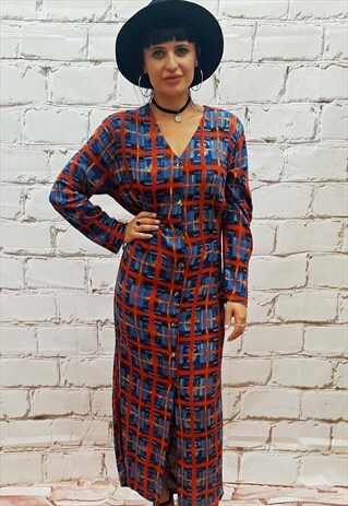 VINTAGE BLUE CHECKED LONG SLEEVED DRESS