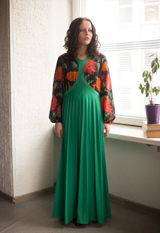 VINTAGE 70'S MAXI GREEN FLOWER PRINT TOP PLEATED DRESS