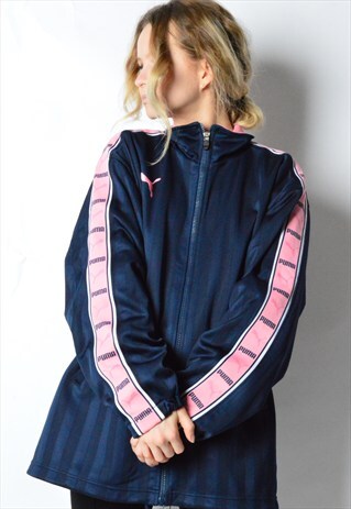 PUMA SPORTS NAVY BLUE PINK STRIPED TRACK JACKET