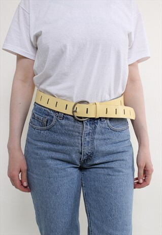 VINTAGE 90S YELLOW BELT, FAUX LEATHER BELT WITH ROUND BUCKLE