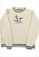 Vintage Knitted Jumper Duck Embroidered Pattern Cream Large