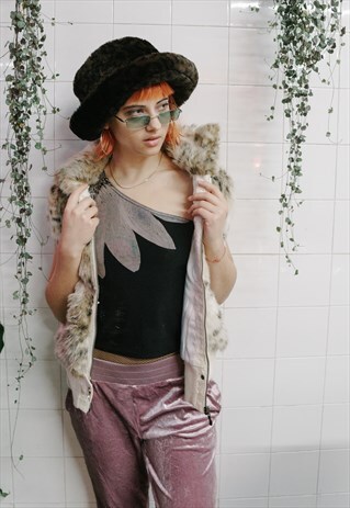 VINTAGE FAUX FUR ANIMAL PRINT GILET BODY WARMER