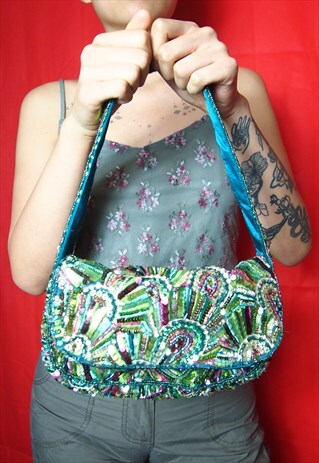 GREEN EMBRODIERY MINI CLUTCH BAG