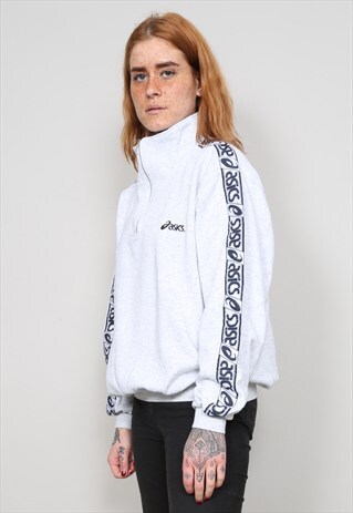 VINTAGE 90'S ASICS TAPED LIGHT GREY ZIP UP SWEATER