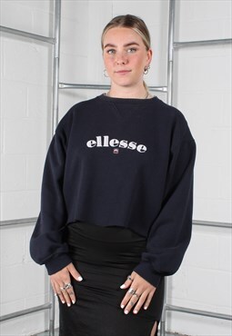 Vintage Ellesse Sweatshirt in Navy Spell Out Logo Large