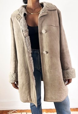 Vintage Grey Shearling Coat, Cozy Sheepskin Coat Size M/L