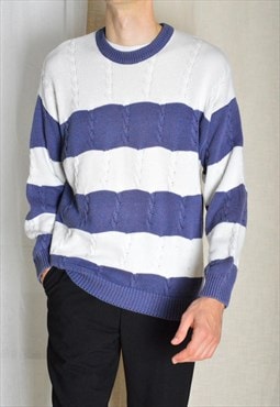 Vintage 90s Blue White Cable Knit Mens Sweater