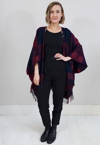 VINTAGE 90'S RED, GREEN AND BLUE CAPE WRAP W/ FRINGE