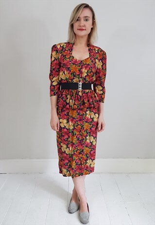 VINTAGE 80'S PINK FLORAL PEPLUM BUTTON DOWN DRESS