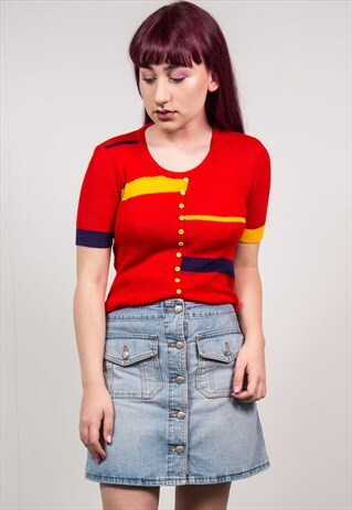 VINTAGE 70'S RED & YELLOW STRIPED KNIT ROUND NECK TOP