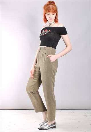 VINTAGE 80S BEIGE CHECK HIGH WAISTED CROPPED TROUSERS