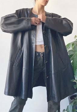 Vintage 90s Black Oversize Classic Genuine Leather Midi Coat