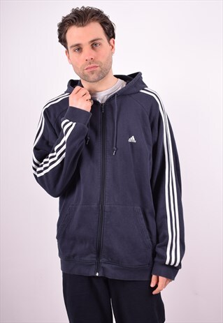 ADIDAS MENS VINTAGE HOODIE JACKET XL NAVY BLUE 90S