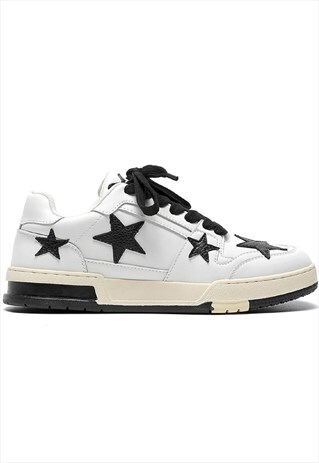 STAR PATCH SNEAKERS FAUX LEATHER TRAINERS IN WHITE BLACK
