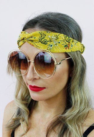 YELLOW FLORAL TURBAN TWIST KNOTTED BANDANA HEADBAND