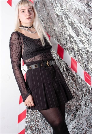 90S GRUNGE Y2K PIN-STRIPE BLACK PLEATED MINI SKIRT