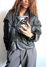 80s Avant Garde Black Leather Goth Street Wear Jacket Large