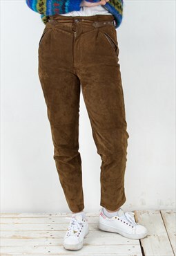 Suede Leather Pants Straight Trousers Western Belted VTG