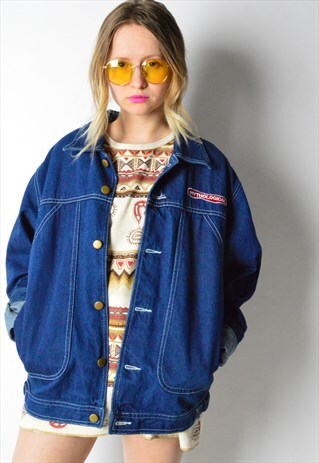 VINTAGE 90S BLUE EMBROIDERED MYTHOLOGICAL DENIM JACKET