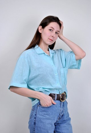 90S BLUE BLOUSE FOR WORK, VINTAGE CASUAL SHORT SLEEVE SHIRT