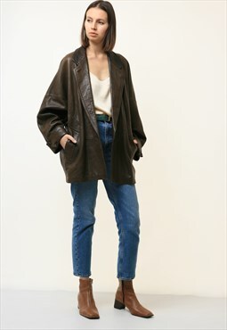 Brown Leather Jacket women vintage 80s blazer jacket 4751