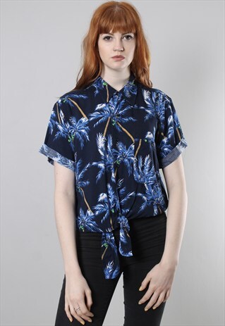 VINTAGE 90S BLUE HAWAIIAN PATTERNED TIE SHIRT