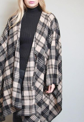 VINTAGE 1980'S SOFT BROWN AND BLACK PLAID WOOL CAPE