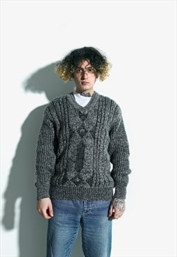 70s retro knit jumper grey 80s warm vintage v neck sweater