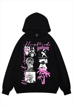 Punk hoodie psychedelic print pullover raver top in black