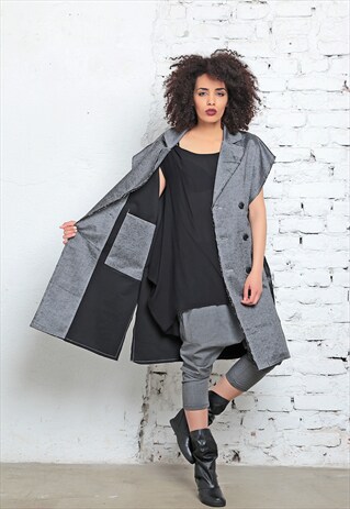 DENIM VEST, GRAY JACKET, ELEGANT VEST, SLEEVELESS JACKET